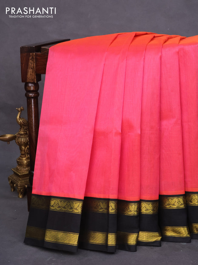 Silk cotton saree candy pink and black with plain body and rettapet zari woven korvai border