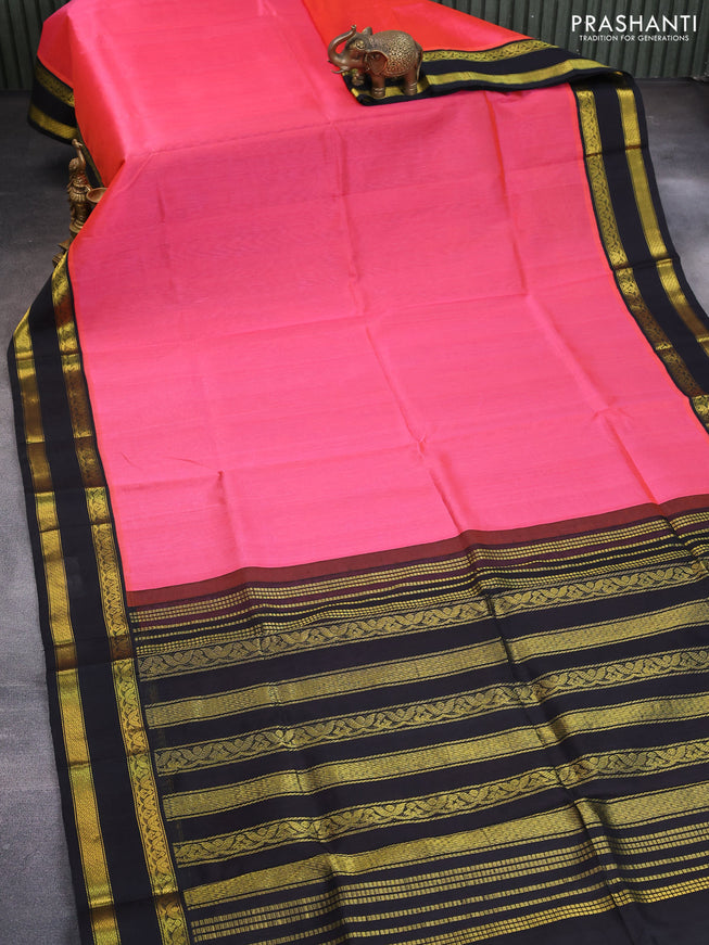 Silk cotton saree candy pink and black with plain body and rettapet zari woven korvai border