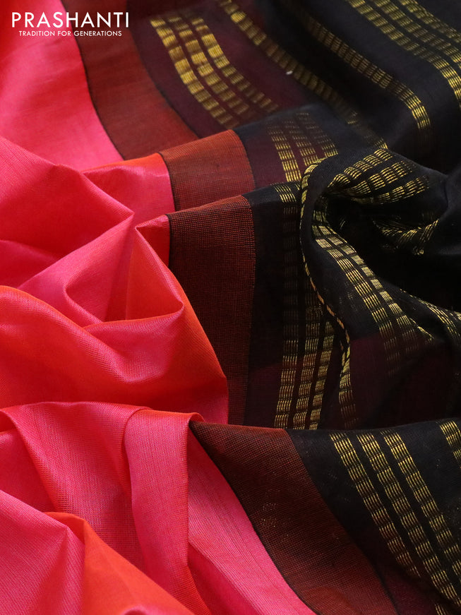 Silk cotton saree candy pink and black with plain body and rettapet zari woven korvai border