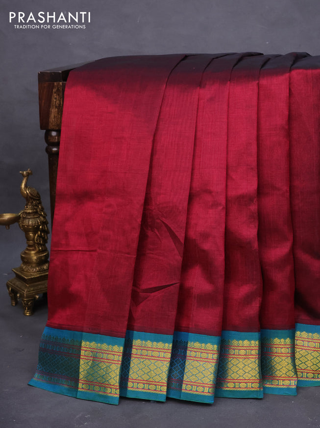 Silk cotton saree maroon and dual shade of cs blue with plain body and zari woven korvai border