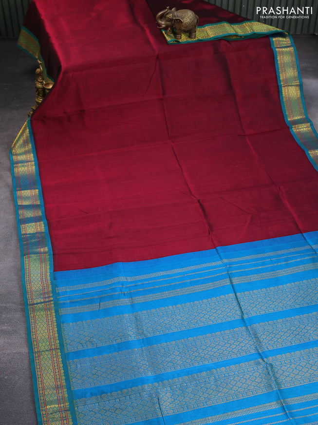 Silk cotton saree maroon and dual shade of cs blue with plain body and zari woven korvai border