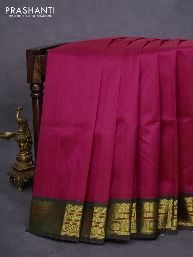 Silk cotton saree pink and green with plain body and zari woven korvai border