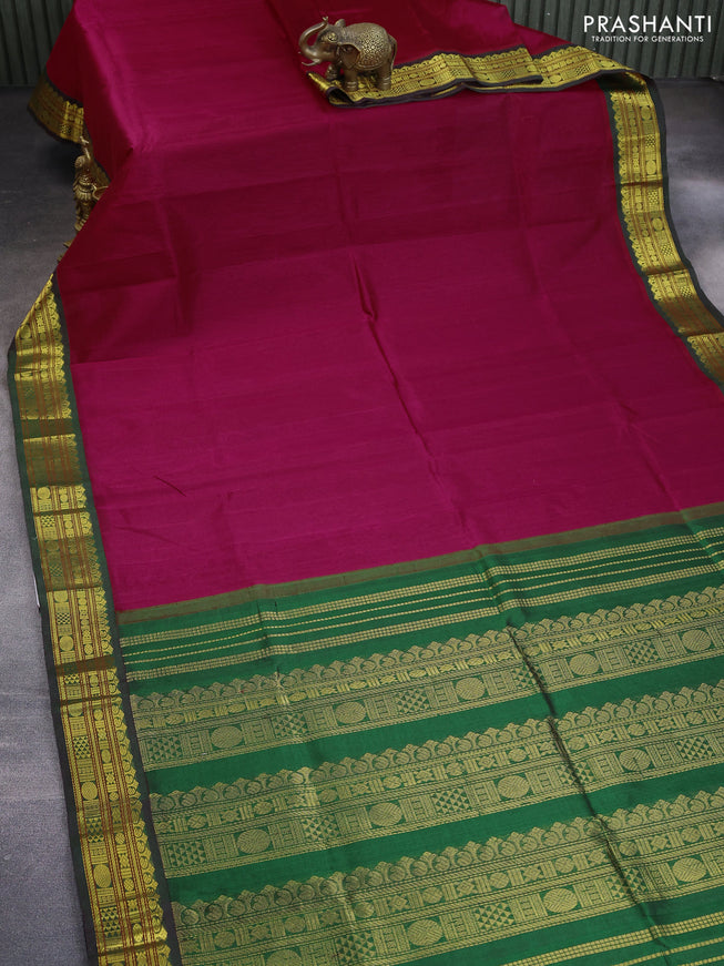 Silk cotton saree pink and green with plain body and zari woven korvai border