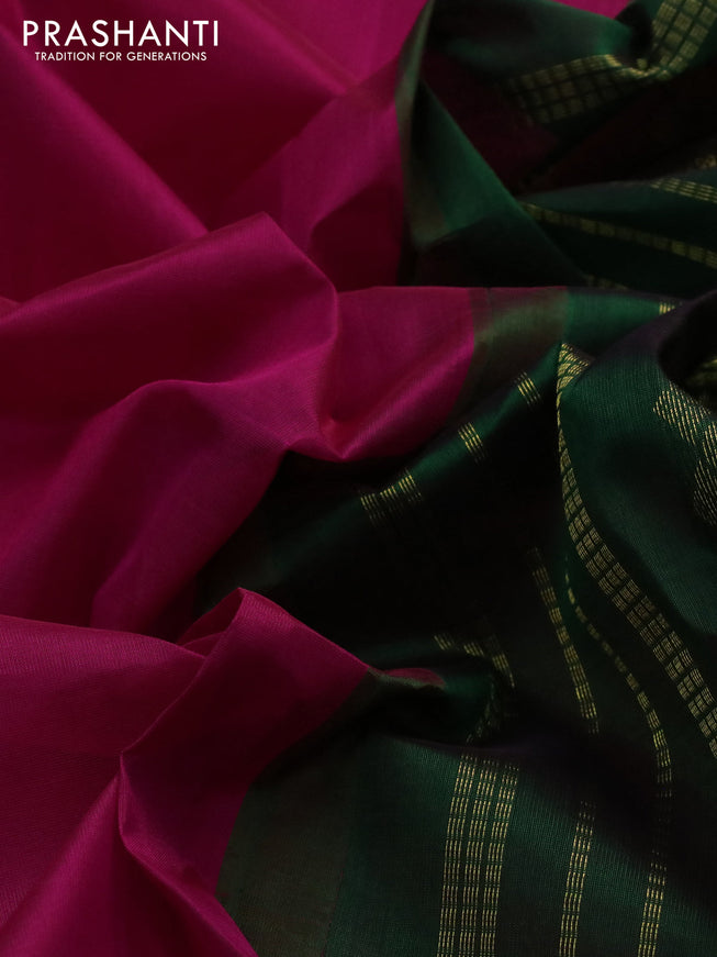 Silk cotton saree pink and green with plain body and zari woven korvai border