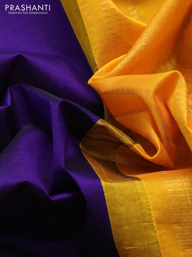 Silk cotton saree blue and mango yellow with plain body and rettapet zari woven korvai border