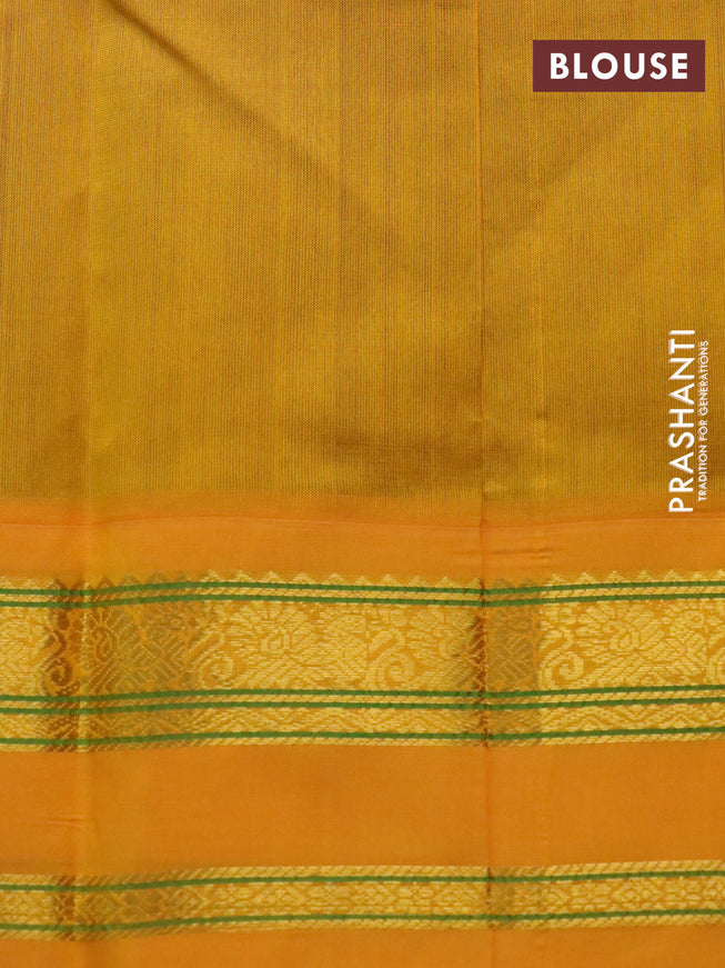 Silk cotton saree blue and mango yellow with plain body and rettapet zari woven korvai border