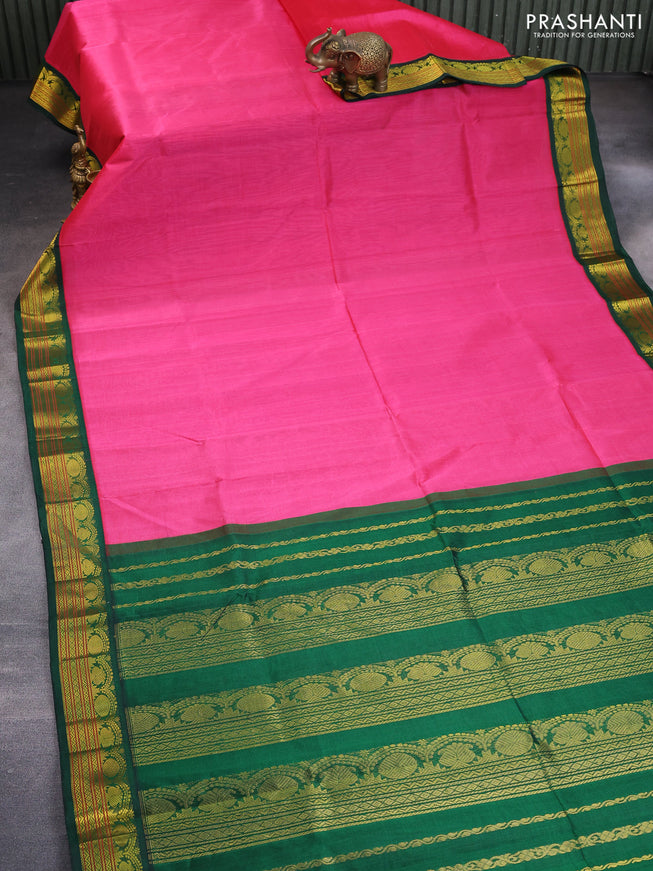 Silk cotton saree pink and green with plain body and zari woven korvai border