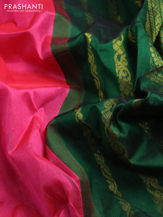 Silk cotton saree pink and green with plain body and zari woven korvai border