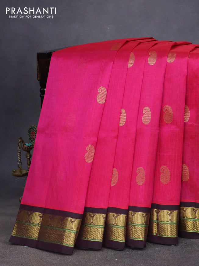 Silk cotton saree dark pink and wine shade with paisley zari woven buttas and zari woven korvai border