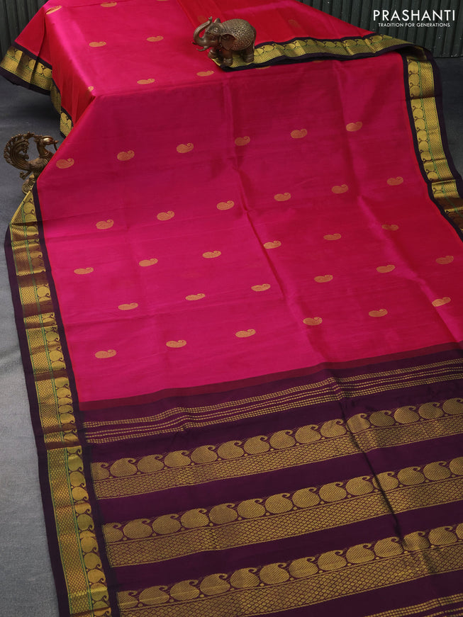 Silk cotton saree dark pink and wine shade with paisley zari woven buttas and zari woven korvai border