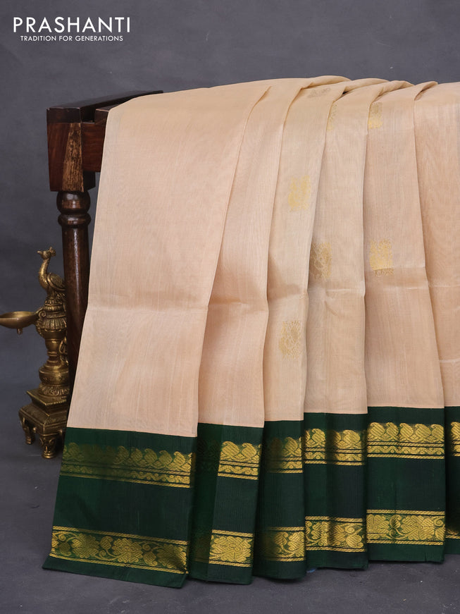 Silk cotton saree cream and green with annam zari woven buttas and rettapet zari woven korvai border