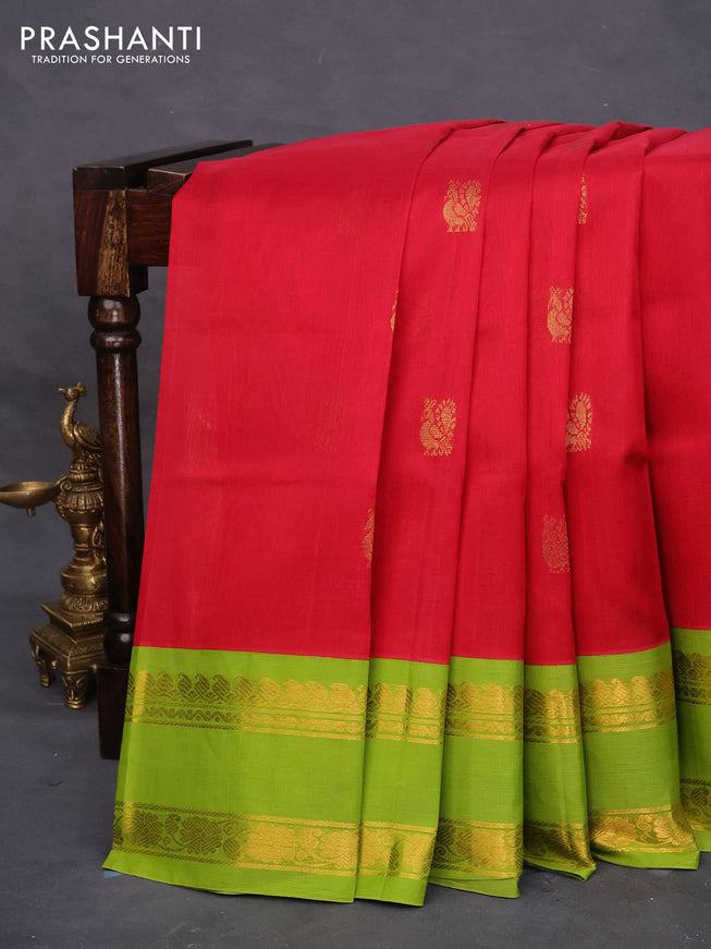 Silk cotton saree kumkum red and light green with annam zari woven buttas and rettapet zari woven korvai border