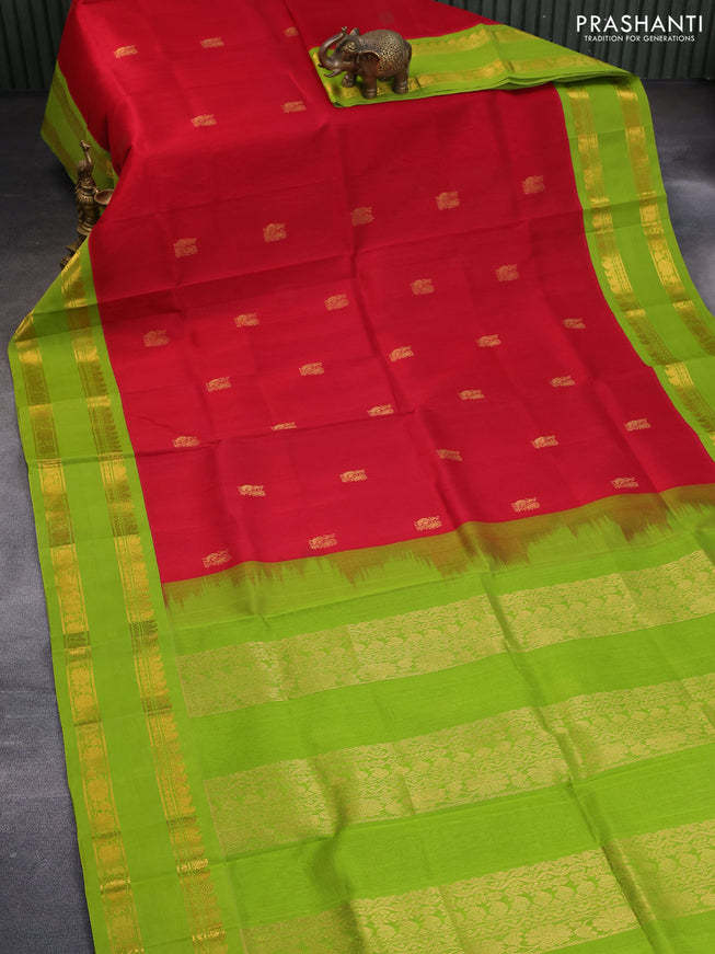 Silk cotton saree kumkum red and light green with annam zari woven buttas and rettapet zari woven korvai border