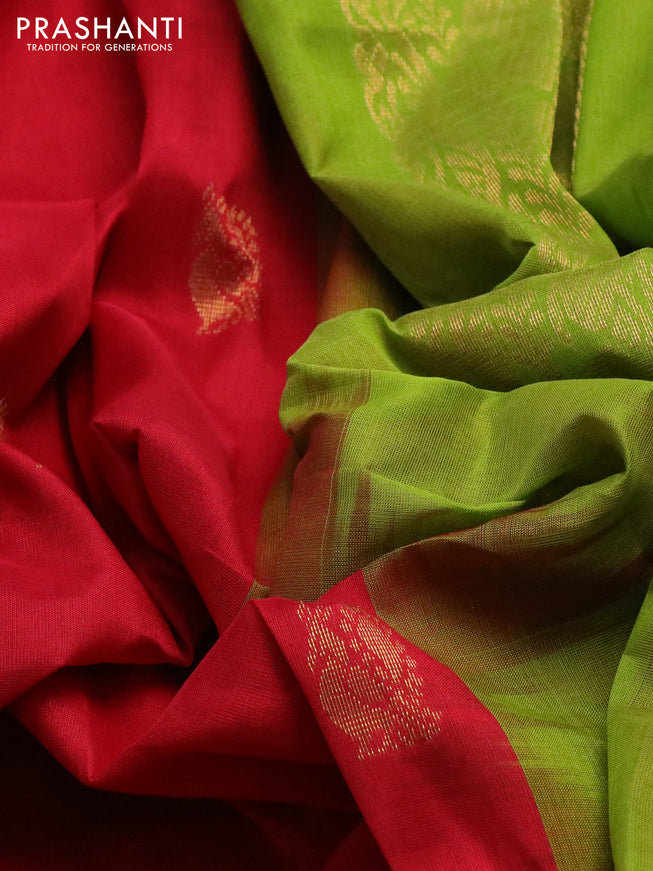 Silk cotton saree kumkum red and light green with annam zari woven buttas and rettapet zari woven korvai border