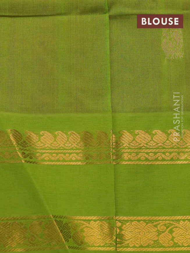 Silk cotton saree kumkum red and light green with annam zari woven buttas and rettapet zari woven korvai border