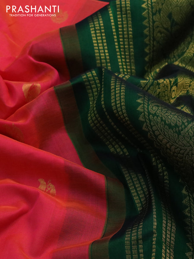 Silk cotton saree dual shade of pinkish orange and green with annam zari woven buttas and annam zari woven korvai border