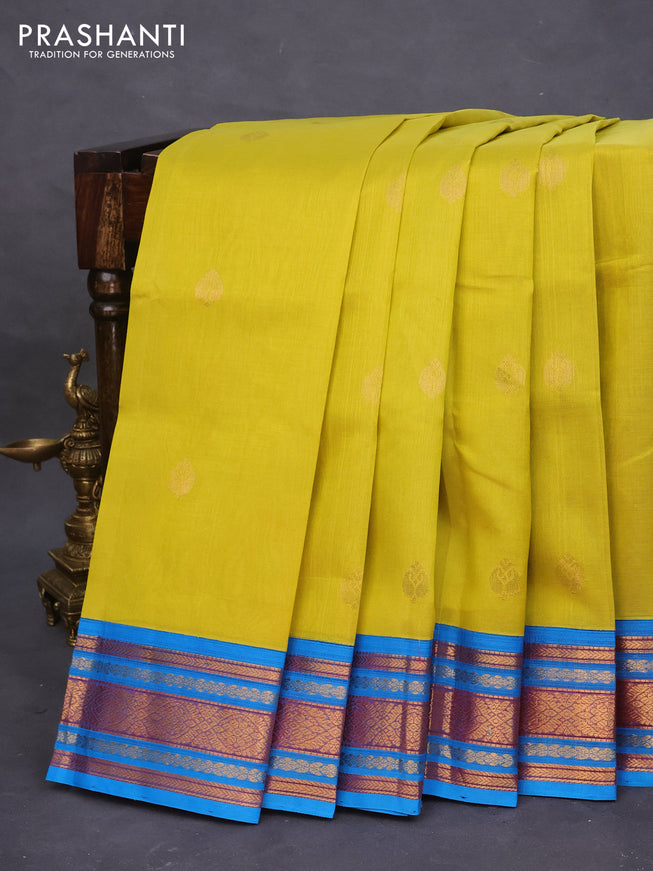 Silk cotton saree lime yellow and cs blue with zari woven buttas and zari woven korvai border