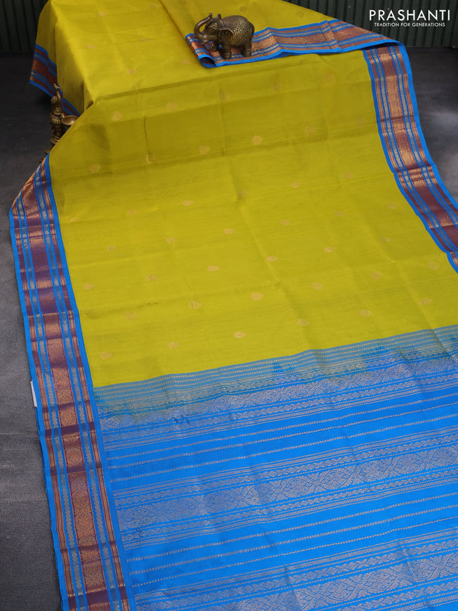 Silk cotton saree lime yellow and cs blue with zari woven buttas and zari woven korvai border