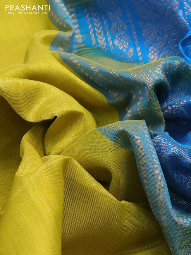 Silk cotton saree lime yellow and cs blue with zari woven buttas and zari woven korvai border