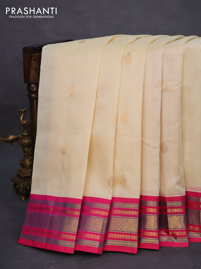 Silk cotton saree cream and pink with zari woven buttas and zari woven korvai border