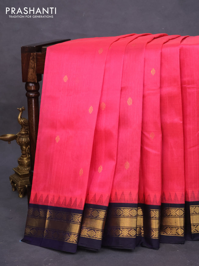 Silk cotton saree pink and navy blue with zari woven buttas and zari woven korvai border