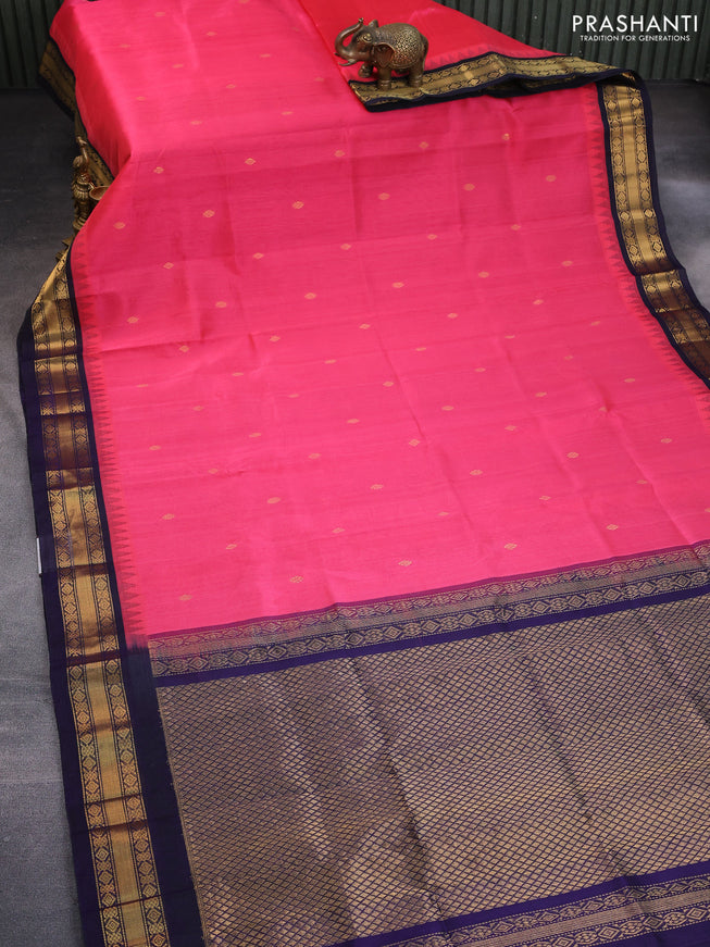 Silk cotton saree pink and navy blue with zari woven buttas and zari woven korvai border