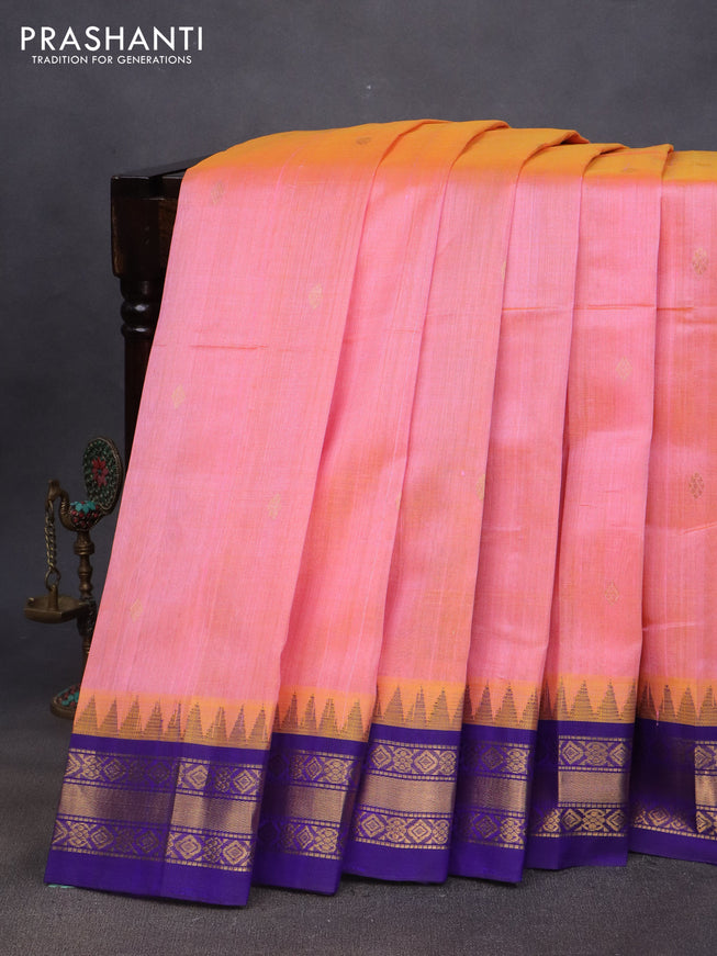 Silk cotton saree dual shade of candy pink and blue with zari woven buttas and zari woven korvai border