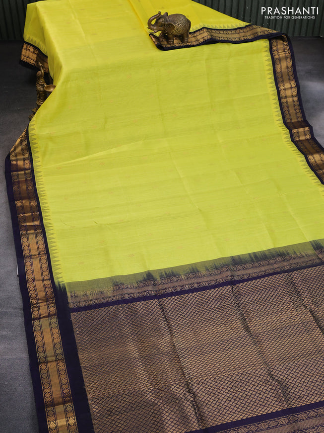 Silk cotton saree lime yellow and navy blue with zari woven buttas and zari woven korvai border