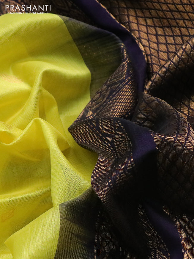 Silk cotton saree lime yellow and navy blue with zari woven buttas and zari woven korvai border