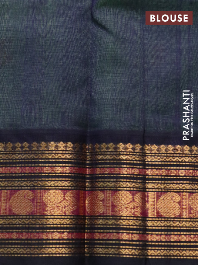 Silk cotton saree pista green and navy blue with zari woven buttas and zari woven korvai border