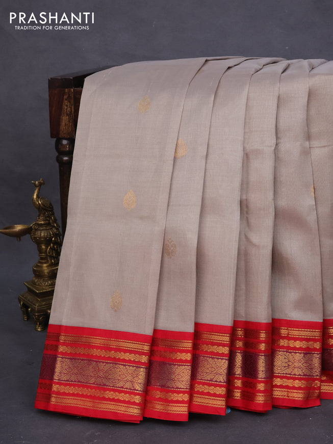 Silk cotton saree grey and red with zari woven buttas and zari woven korvai border