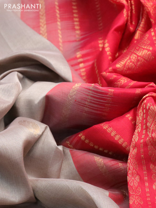 Silk cotton saree grey and red with zari woven buttas and zari woven korvai border