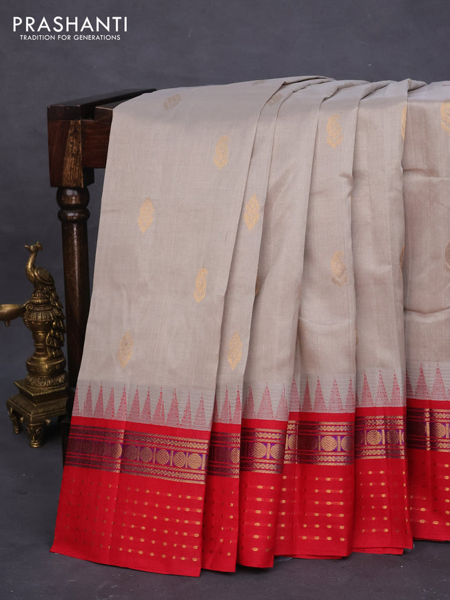 Silk cotton saree grey and red with zari woven buttas and temple design zari woven border