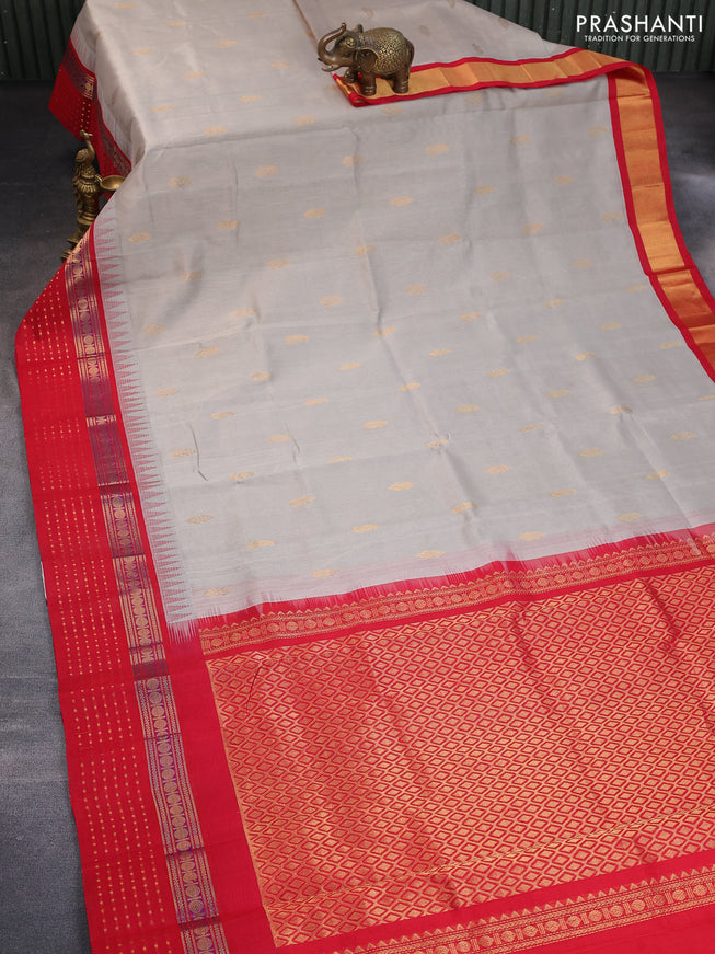 Silk cotton saree grey and red with zari woven buttas and temple design zari woven border