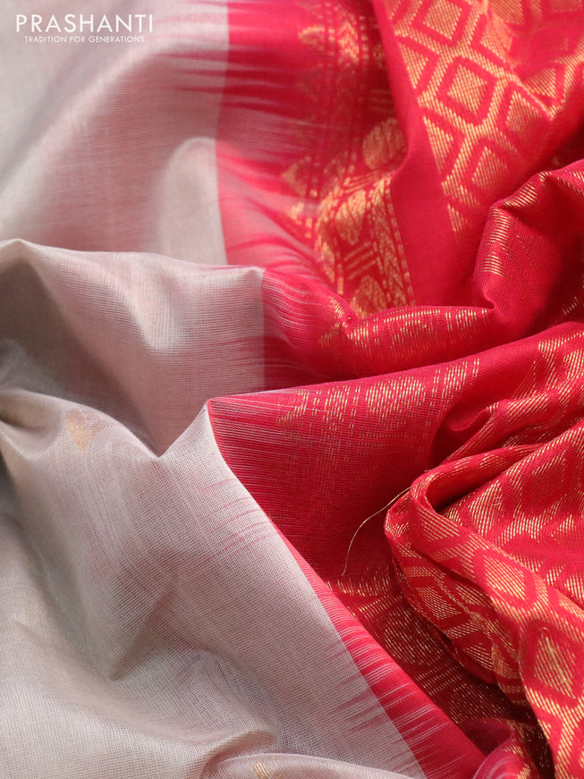 Silk cotton saree grey and red with zari woven buttas and temple design zari woven border