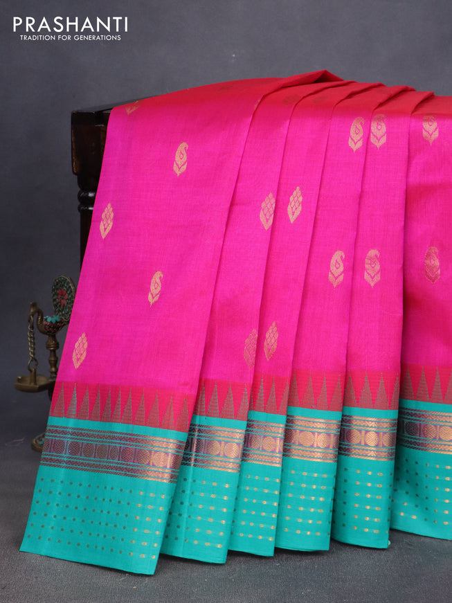 Silk cotton saree pink and teal blue with zari woven buttas and temple design zari woven border