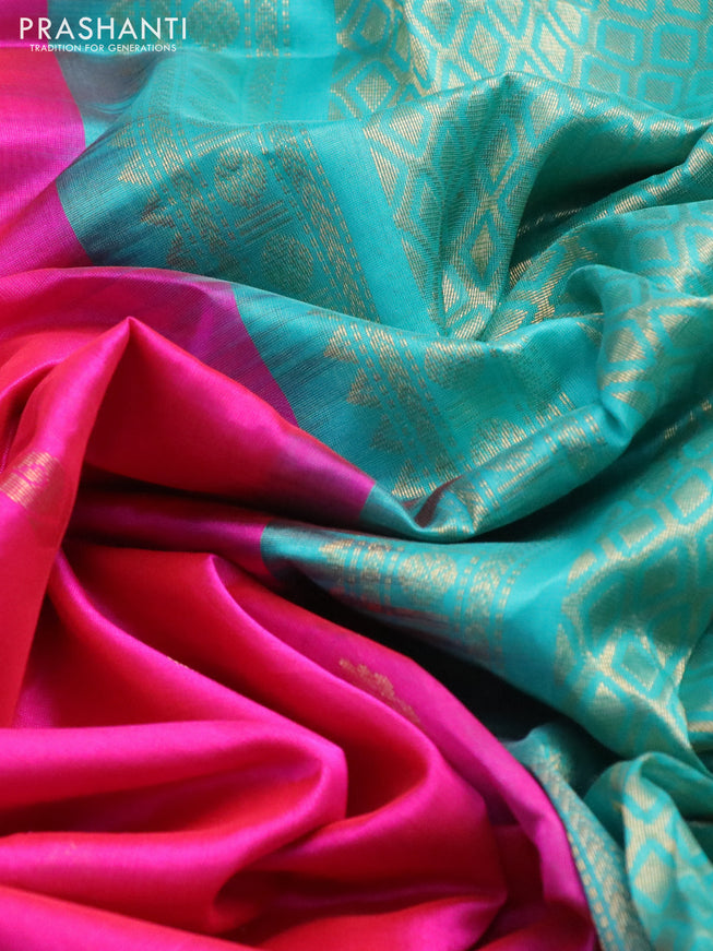 Silk cotton saree pink and teal blue with zari woven buttas and temple design zari woven border