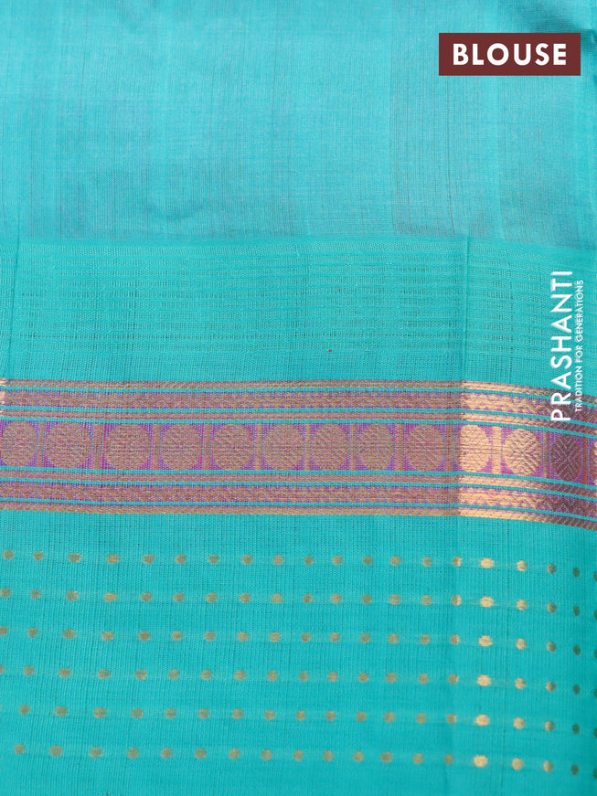 Silk cotton saree pink and teal blue with zari woven buttas and temple design zari woven border