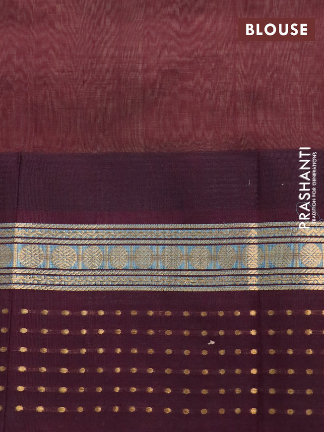 Silk cotton saree sandal and wine shade with zari woven buttas and temple design zari woven border