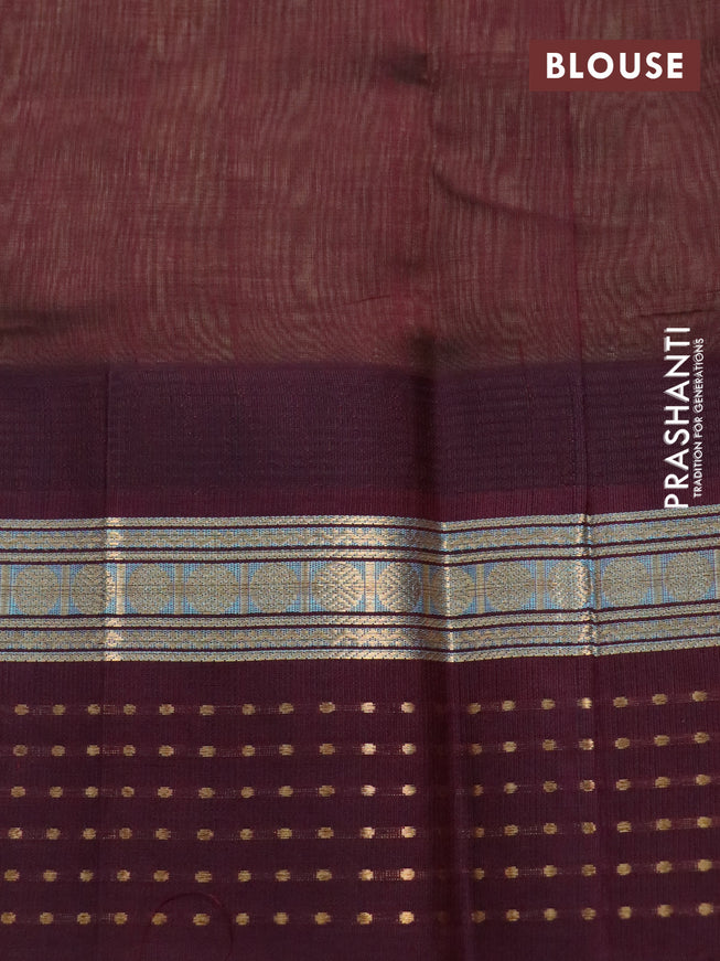 Silk cotton saree light green and wine shade with zari woven buttas and temple design zari woven border