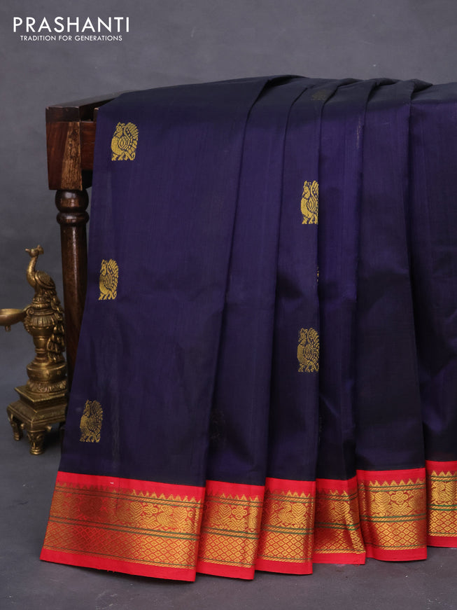 Silk cotton saree dark blue and red with annam zari woven buttas and zari woven annam border