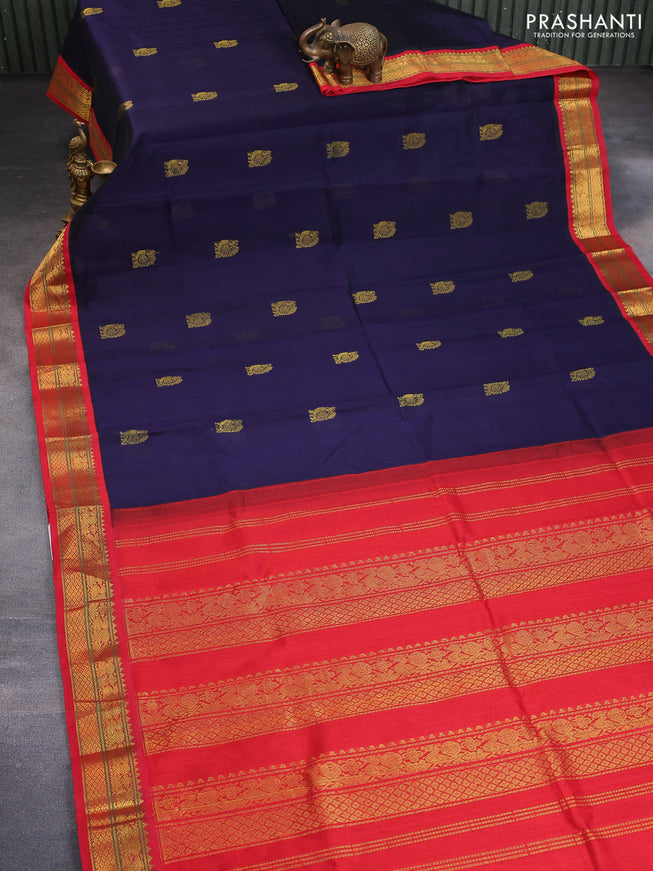 Silk cotton saree dark blue and red with annam zari woven buttas and zari woven annam border