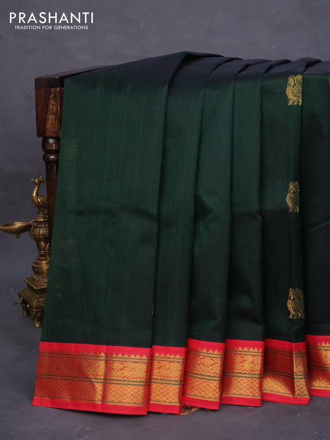 Silk cotton saree dark green and red with annam zari woven buttas and zari woven annam border