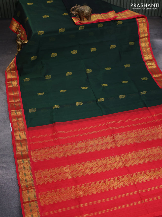 Silk cotton saree dark green and red with annam zari woven buttas and zari woven annam border