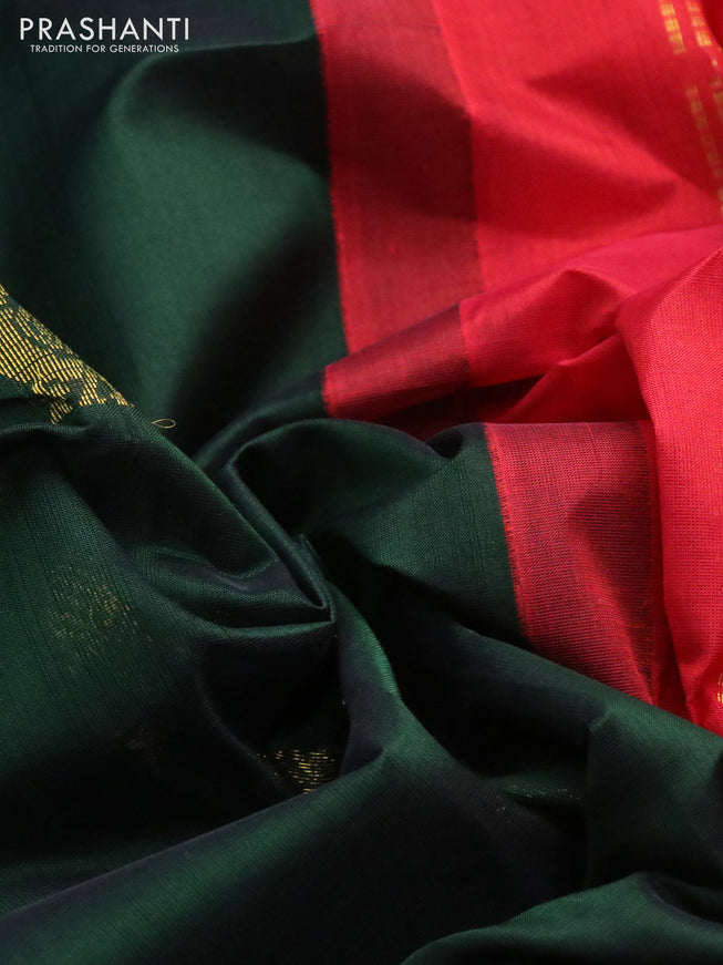 Silk cotton saree dark green and red with annam zari woven buttas and zari woven annam border