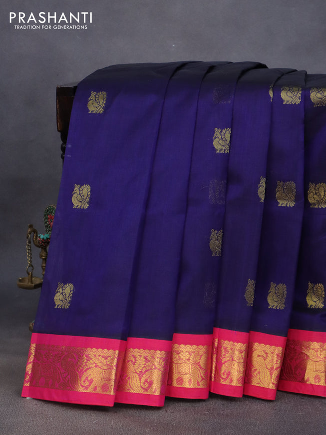 Silk cotton saree blue and pink with annam zari woven buttas and zari woven korvai border