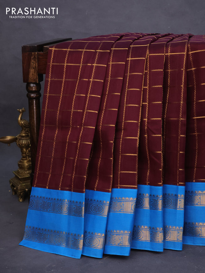 Silk cotton saree maroon and cs blue with allover zari checked pattern and rettapet zari woven korvai border