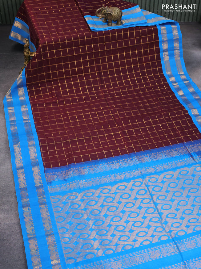 Silk cotton saree maroon and cs blue with allover zari checked pattern and rettapet zari woven korvai border