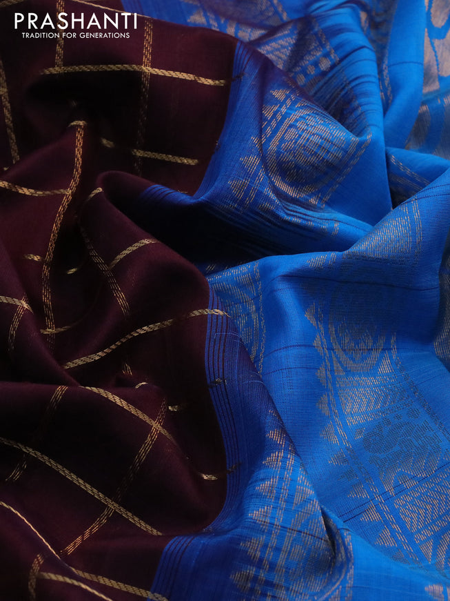 Silk cotton saree maroon and cs blue with allover zari checked pattern and rettapet zari woven korvai border