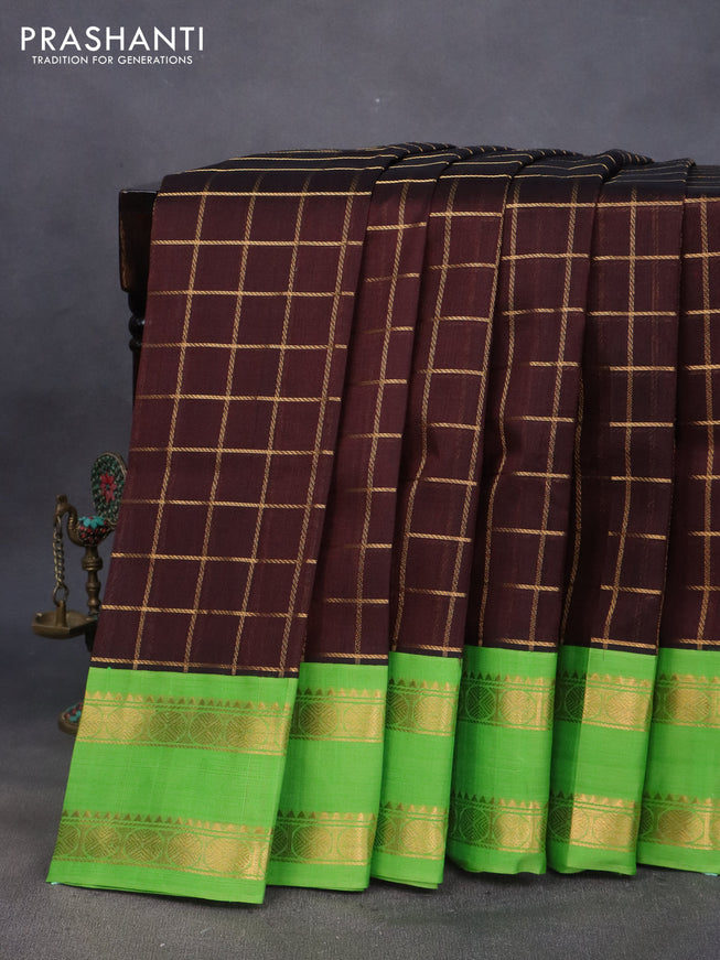 Silk cotton saree brown and light green with allover zari checked pattern and rettapet zari woven korvai border